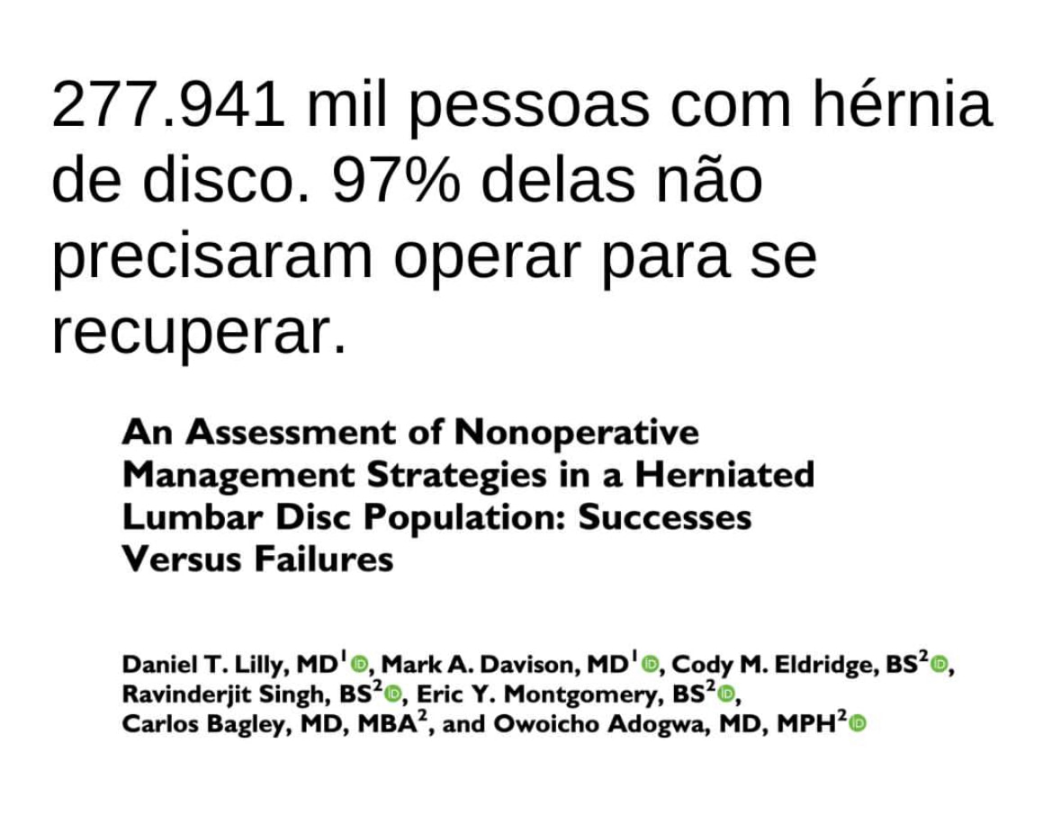 Infográfico com texto em destaque, '277.941 mil pessoas com hérnia de disco. 97% delas não precisaram operar para se recuperar'. A imagem reforça a eficácia do tratamento não cirúrgico para hérnia de disco.