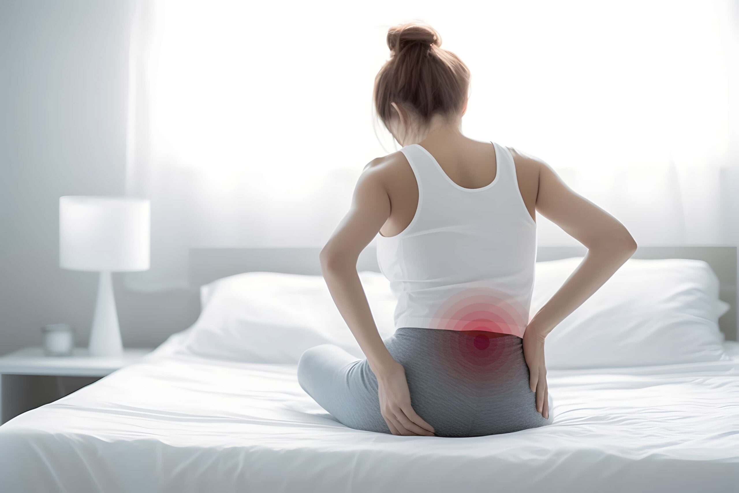 Mulher sentada com dor lombar irradiada para a perna e inflamação do nervo ciático